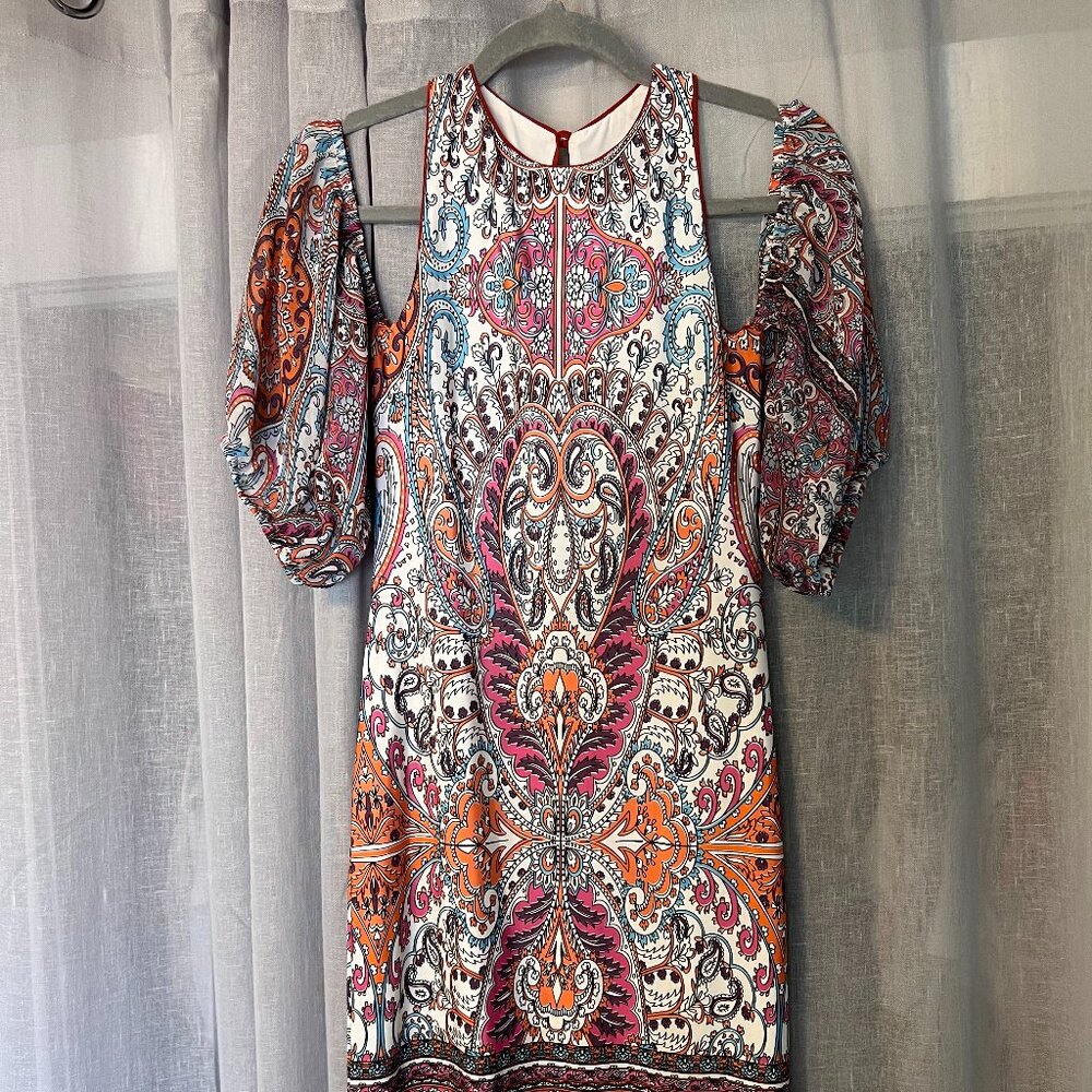 Analili Paisley Fitted Sheath Dress Chiffon Sleeve XS
